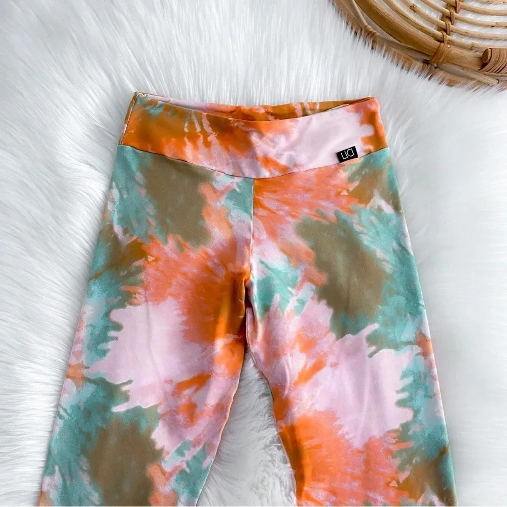 Lici Fit Tie Due Bloom Leggings Multicolored Orange Blue High Waisted Rise S